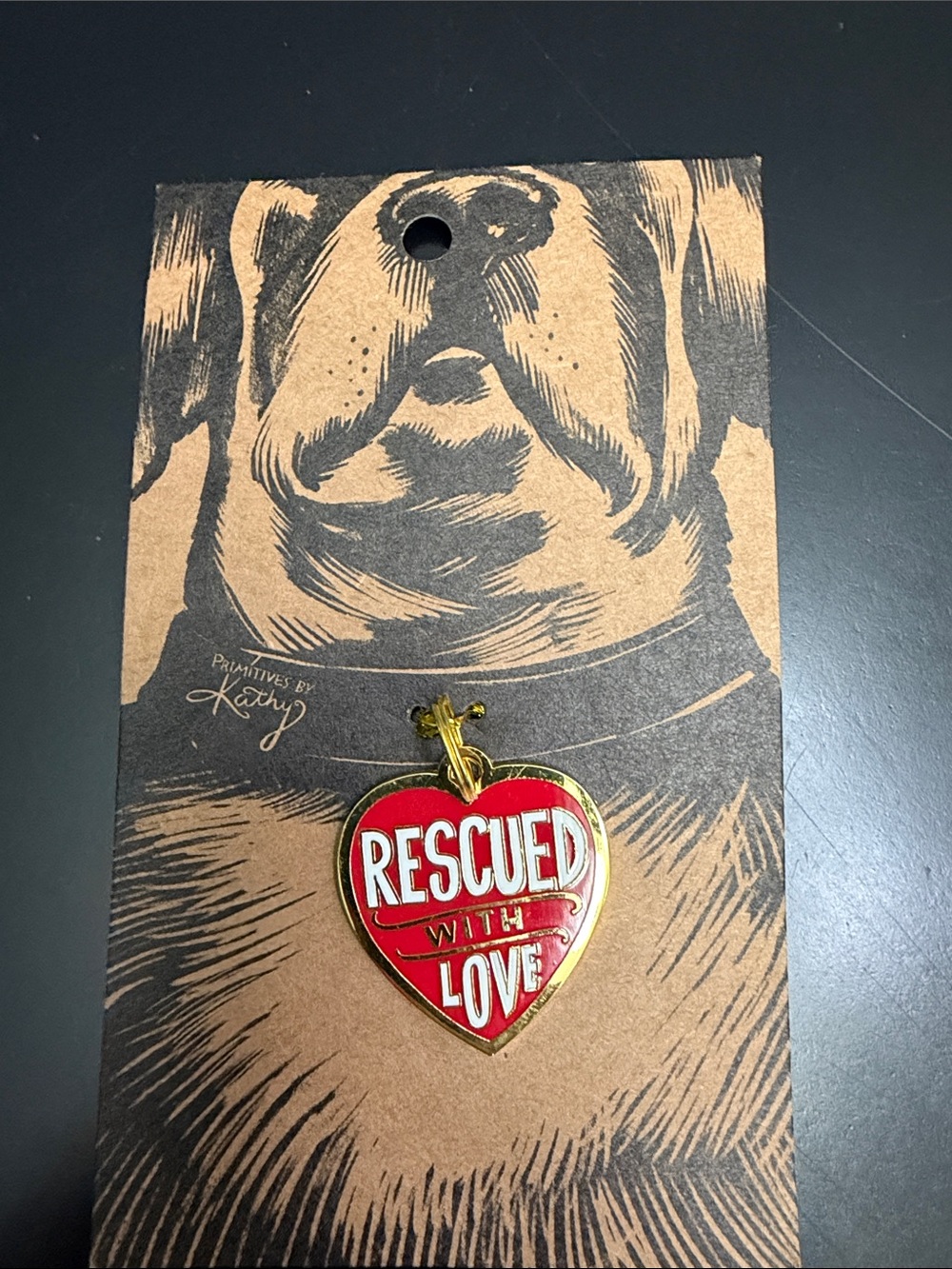 Primitives by Kathy Red & Gold 'Rescued With Love' Heart Pet Tag